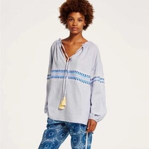 Lemlem Women’s Blue and White Striped Top Cotton Blend Bohemian Tassels Size XS